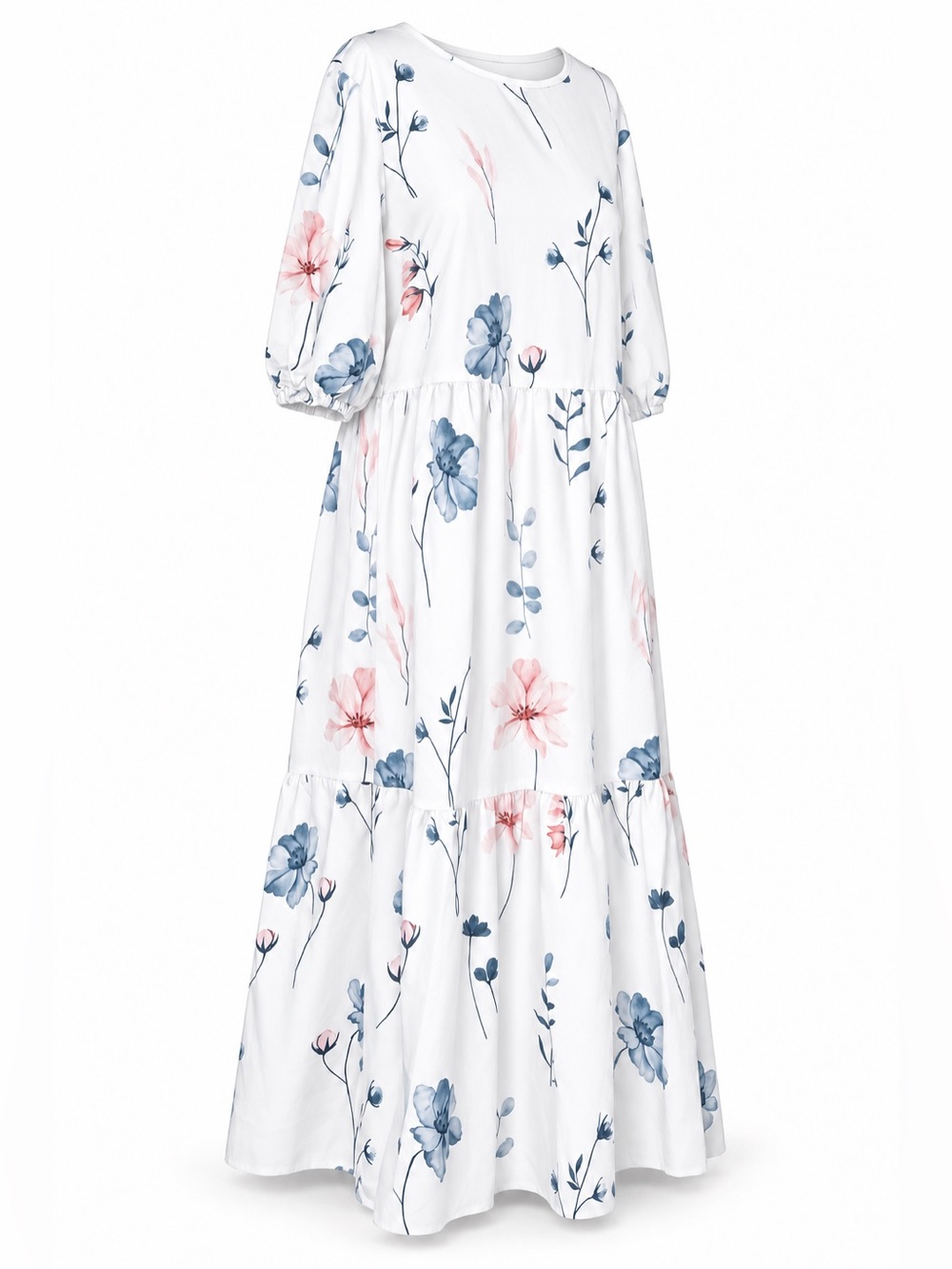 Source Unknown White Maxi Dress with Pink & Blue Floral Print